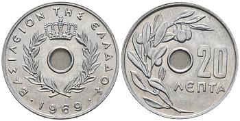 Греция 20 лепт 1969 KM 79, Schoen 19 алюминий 4519-133