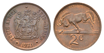 ЮАР 2 цента 1971 герб, антилопа гну KM 83 бронза aUNC 4669-1226