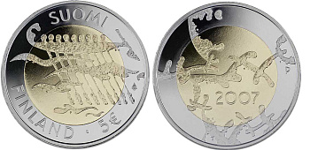 Финляндия 5 евро 2007 90 лет независимости Финляндии KM 135 биметалл BUNC M13-01