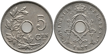 БЕЛЬГИЯ 5 САНТИМОВ 1927 BELGIE KM 67 медно-никель 76-134