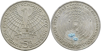 ФРГ 5 марок 1973 J, 500 лет со дня рождения Николая Коперника KM 136, J. 411 серебро 58-924