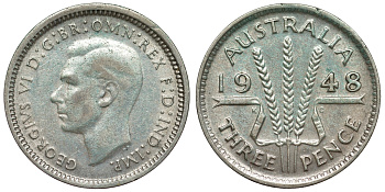 Австралия 3 пенса 1948 m, Георг VI (1937-1952), без букв, KM 37a серебро 71-224