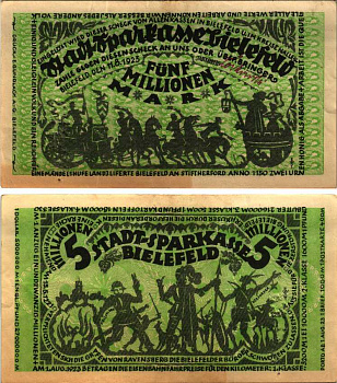 БИЛЕФЕЛЬД 5000000 МАРОК 1923 НОТГЕЛЬД, 11 АВГУСТА 1923, ЗЕМЛЯ СЕВЕРНЫЙ РЕЙН-ВЕСТФАЛИЯ Grabowski 80 (GR 33) бумага 6300-32-3-2