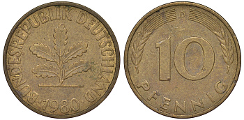 ФРГ 10 пфеннигов 1980 D KM 108, J 383 сталь плакированная латунью 25-1751