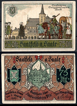 Заальфельд (Заале) (Тюрингия) 75 пфеннигов 1921 Mehl Grabowski 1155.5-2/5 бумага UNC (пресс) 7553-19-3-1