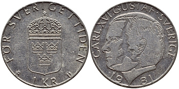Швеция 1 крона 1981 Карл XVI Густав (1973- ) KM 852 медь плакированная медно-никелем 4397-1013