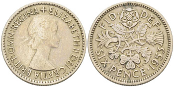 Великобритания 6 пенсов 1953 Елизавета II (1952-2022) KM 889, Spink 4141 медно-никель 218-835