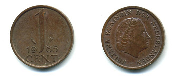 Нидерланды 1 цент 1965 Юлиана (1948-1980) КМ 180 бронза 54-1121