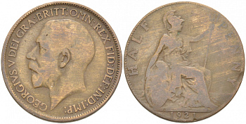 Великобритания 1/2 пенни 1921 Георг V (1910-1936) KM 809, Spink 4056 бронза 77-441