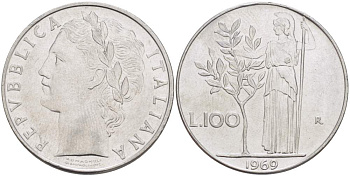 ИТАЛИЯ 100 ЛИР 1969 R, АФИНА, ДИАМЕТР 28 ММ. KM 96.1 нержавеющая сталь 4512-1016
