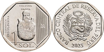 Перу 1 новый соль 2025 серия перуанская доколумбова керамика, культура Наска KM NEW медь никель цинк  UNC M78-16 