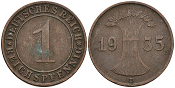 Германия 1 рейхспфенниг 1935 D KM 37, J. 313 бронза 4549-721