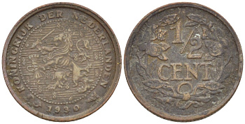 НИДЕРЛАНДЫ 1/2 ЦЕНТА 1930 ВИЛЬГЕЛЬМИНА (1890-1948) KM 138 бронза 4525-1252