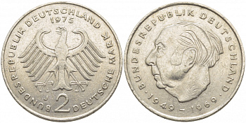 ФРГ 2 МАРКИ 1975 J, ТЕОДОР ХОЙС KM 127, J. 407 медно-никель плакированный никелем 3856-333