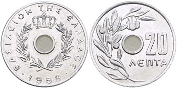 Греция 20 лепта 1959 Павел I (1947-1964), оливковая ветвь KM 79 алюминий UNC 28-526