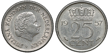 Нидерланды 25 центов 1957 Юлиана (1949-1980) KM 183 никель 72-1722