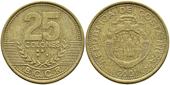 КОСТА-РИКА 25 КОЛОН 2001 B.C.C.R. KM 229а латунь 56-933