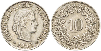 Швейцария 10 раппенов 1940 B KM 27 медно-никель 216-1232