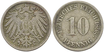 ГЕРМАНИЯ 10 ПФЕННИГОВ 1898 F KM 12, J. 13 медно-никель 4401-1023
