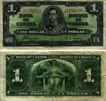 КАНАДА 1 ДОЛЛАР 1937 ГЕОРГ VI, SERIA J/N, ПОДПИСЬ GORDON-TOWERS, CBNC Pick 58d бумага 7221-52-1