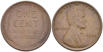 США 1 ЦЕНТ 1934 ЛИНКОЛЬН KM 132 бронза 218-349