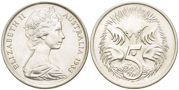 АВСТРАЛИЯ 5 ЦЕНТОВ 1983 ЕЛИЗАВЕТА II, МОЛОДОЙ ПОРТРЕТ, ЕХИДНА KM 64 медно-никель UNC 4532-564