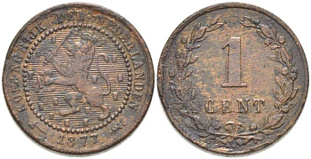 НИДЕРЛАНДЫ 1 ЦЕНТ 1877 ВИЛЬЯМ III (1849-1890) KM 107 бронза 3309-1252