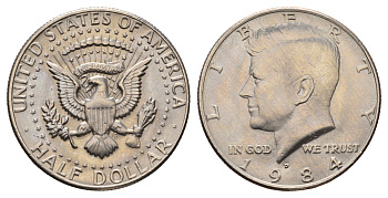 США 1/2 доллара (50 центов) 1984 D, Джон Кеннеди KM A202b медь плакированная медно-никелем UNC 4672-622