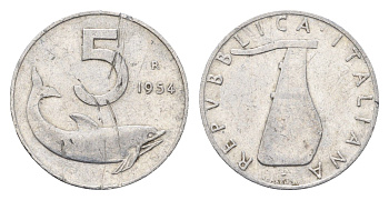 Италия 5 лир 1954 R, плуг, дельфин KM 92 алюминий 4685-141