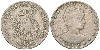 Бразилия 200 реалов 1901 MCMI, голова свободы вправо KM 504 медно-никель 4612-234