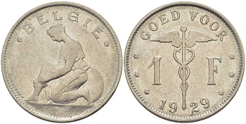 БЕЛЬГИЯ 1 ФРАНК 1929 BELGIE, АЛЬБЕРТ I (1909-1934) KM 90 никель 202-924