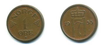 НОРВЕГИЯ 1 ЭРЕ 1953 KM 398 бронза 04-1033