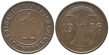 ГЕРМАНИЯ 1 РЕЙХСПФЕННИГ 1936 А KM 37, J. 313 бронза 100-912