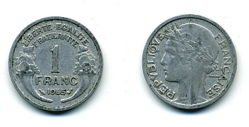 ФРАНЦИЯ 1 ФРАНК 1945 KM 885а.1 алюминий 84-452