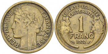 ФРАНЦИЯ 1 ФРАНК 1932 ТИП MORLON KM 885, LE FRANC 219.3 алюминиевая бронза 77-915