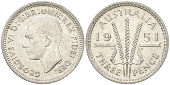Австралия 3 пенса 1951 PL, Георг V (1936-1952) KM 44 серебро 4621-1225