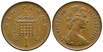 Великобритания 1 пенни 1981 Елизавета II (1952-2022) KM 915, Spink 4237 (B1) бронза 89-726