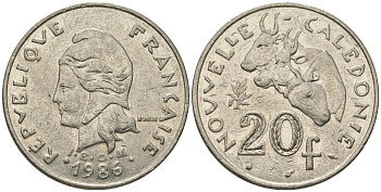 Французская Новая Каледония 20 франков 1986 три быка, (IEOM) KM 12, Schoen 14, Lec 112 никель 72-236