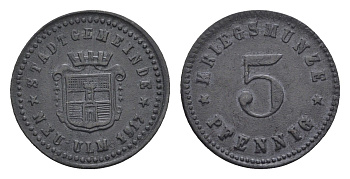 Ной-Ульм 5 пфеннигов 1917 Funck 378.1, Men18 23462.1 цинк 4516-116