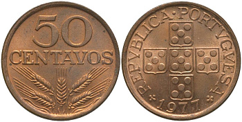 ПОРТУГАЛИЯ 50 СЕНТАВО 1977 KM 596 бронза UNC 181-347