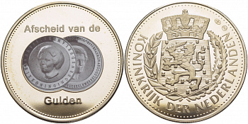 НИДЕРЛАНДЫ МЕДАЛЬ ND ПРОЩАНИЕ С ГУЛЬДЕНОМ, ЦВЕТНАЯ ЭМАЛЬ, ПОРТРЕТЫ КОРОЛЕВ медно-никель PROOF 00-00