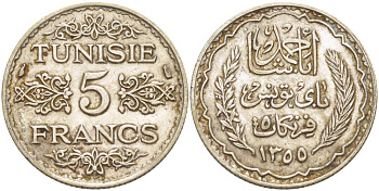 Тунис 5 франков 1936 AH 1355, Ахмад II ибн Али (1862-1942) KM 261 серебро 4523-723