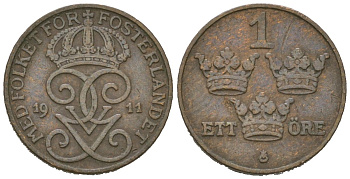 Швеция 1 эре 1911 Густав V (1907-1950) KM 777.2 бронза 4611-339