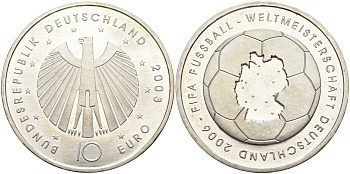 ФРГ 10 евро 2003 чемпионат мира по футболу 2006 года в Германии, первая монета KM 223 серебро PROOF 02-036-12