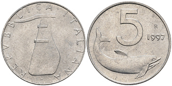 Италия 5 лир 1997 R, дельфин KM 92 алюминий  UNC  4594-662