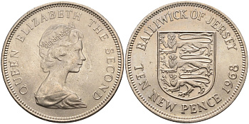 Джерси 10 пенсов 1968 герб, Елизавета II (1952-) KM 33 медно-никель UNC 4583-241