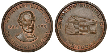 США медаль 1959 Авраам Линкольн, дом рождения в Кентукки, 75,5 мм, 58,62 гр  бронза    8-1-07-06