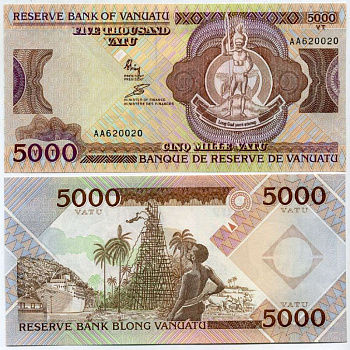 Вануату 5000 вату ND (1993) меланезийский вождь, пассажирский корабль, серия АА Pick 7 бумага UNC (пресс) 451-1-2