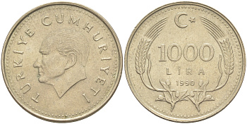 Турция 1000 лир 1990 Кемаль Ататюрк KM 997 медь никель цинк 106-713