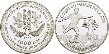 Валютное сообщество стран Западной Африки 1000 франков 2004 чемпионат мира по футболу в Германии 2006 FIFA KM 17 серебро PROOF 06-204-35
